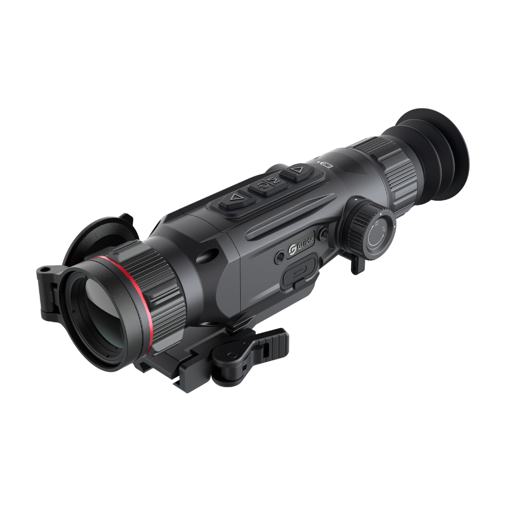 Guide Nova N435 thermal riflescope full chassis profile with quick-release scope mount installed for direct Picatinny rail attachment