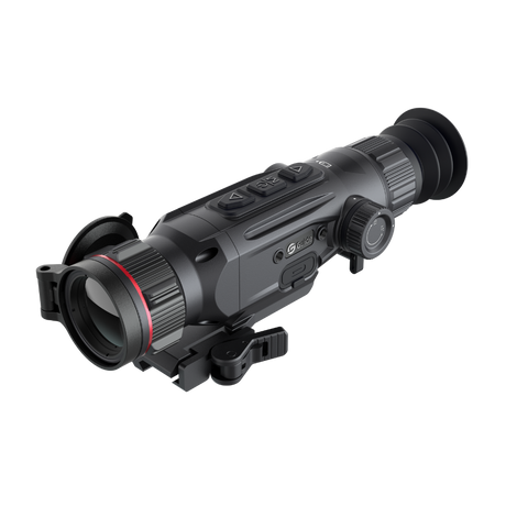 Guide Nova N435 thermal riflescope full chassis profile with quick-release scope mount installed for direct Picatinny rail attachment