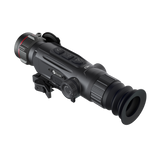 Guide Nova N435 thermal riflescope three-quarter rear view showing the elevation and windage turrets, eyepiece, and battery compartment for replaceable 18500 cells