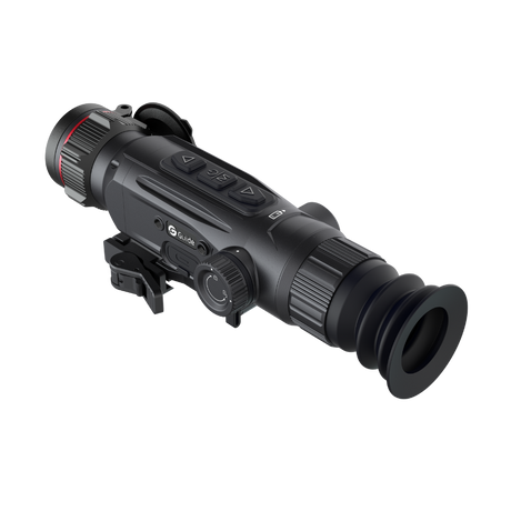 Guide Nova N435 thermal riflescope three-quarter rear view showing the elevation and windage turrets, eyepiece, and battery compartment for replaceable 18500 cells