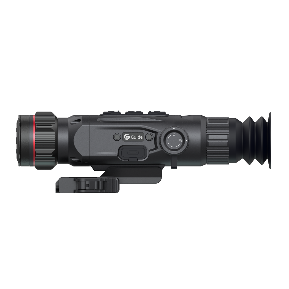 Guide Nova N435 thermal riflescope top view showing the focus knob, mode buttons, and integrated USB-C charging port