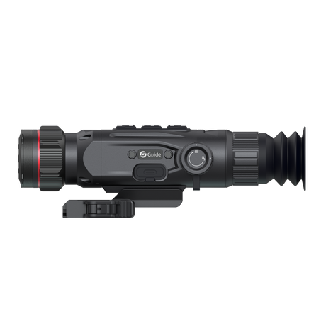Guide Nova N435 thermal riflescope top view showing the focus knob, mode buttons, and integrated USB-C charging port