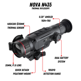 Guide Nova N435 thermal riflescope feature callout showing the 400x300 12 micron thermal sensor, 1024x768 AMOLED display, 35mm F1.0 lens, and TargetIR ballistics app integration