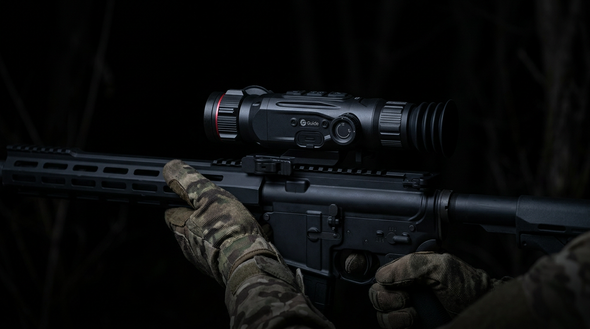 Guide Nova N435 thermal riflescope mounted on a hunting rifle in field-use configuration