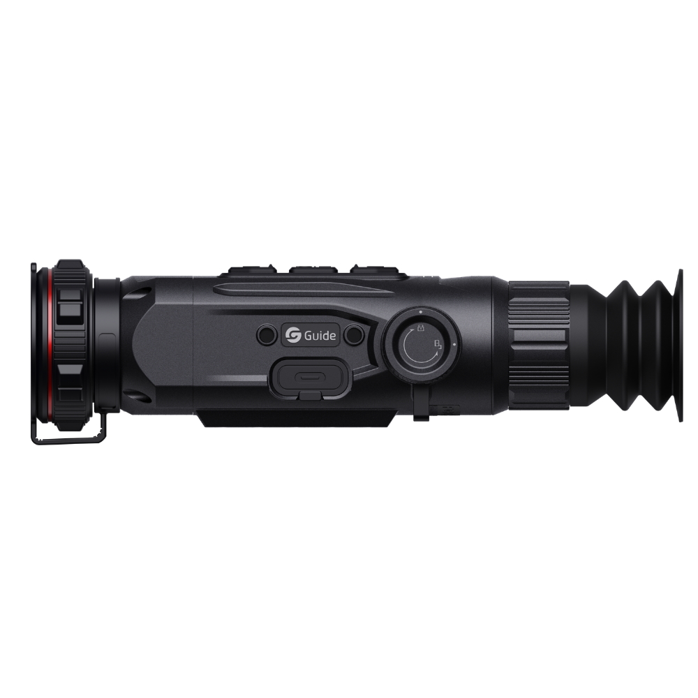 Guide Nova N635S thermal riflescope side profile showing the battery compartment cap and the USB-C port cover