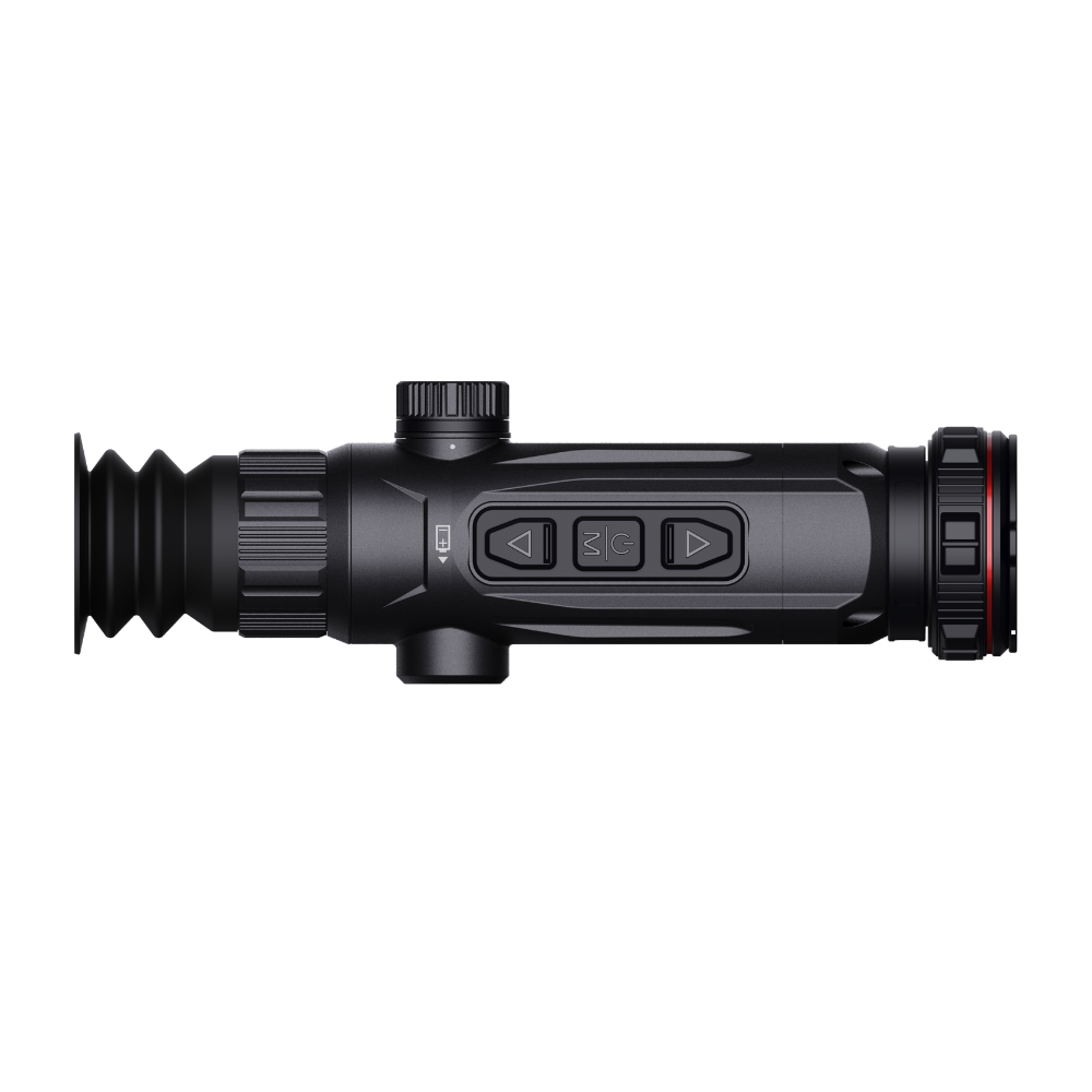 Guide Nova N635S thermal riflescope top view of the three control buttons between the eyepiece and the objective