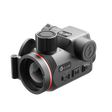 Guide Orion O435CS thermal clip-on three-quarter view with mounted Picatinny ring showing the focus knob, charging cap, and side controls