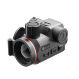 Guide Orion O435CS thermal clip-on three-quarter view with mounted Picatinny ring showing the focus knob, charging cap, and side controls