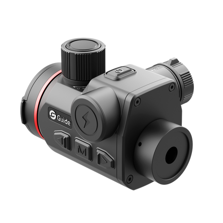 Guide Orion O435CS thermal clip-on three-quarter rear view showing the directional control buttons, mode button, and Guide branding