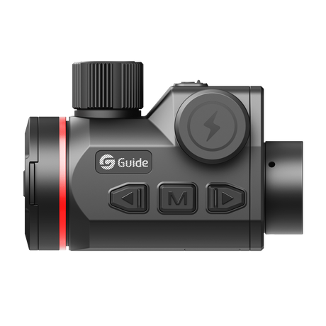 Guide Orion O435CS thermal clip-on right side profile showing the mode and directional buttons, focus knob, and weatherproof charging cap