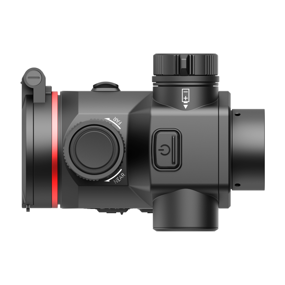 Guide Orion O435CS thermal clip-on left side profile showing the FAR/NEAR focus dial, power button, and hinged lens cap