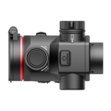 Guide Orion O435CS thermal clip-on left side profile showing the FAR/NEAR focus dial, power button, and hinged lens cap