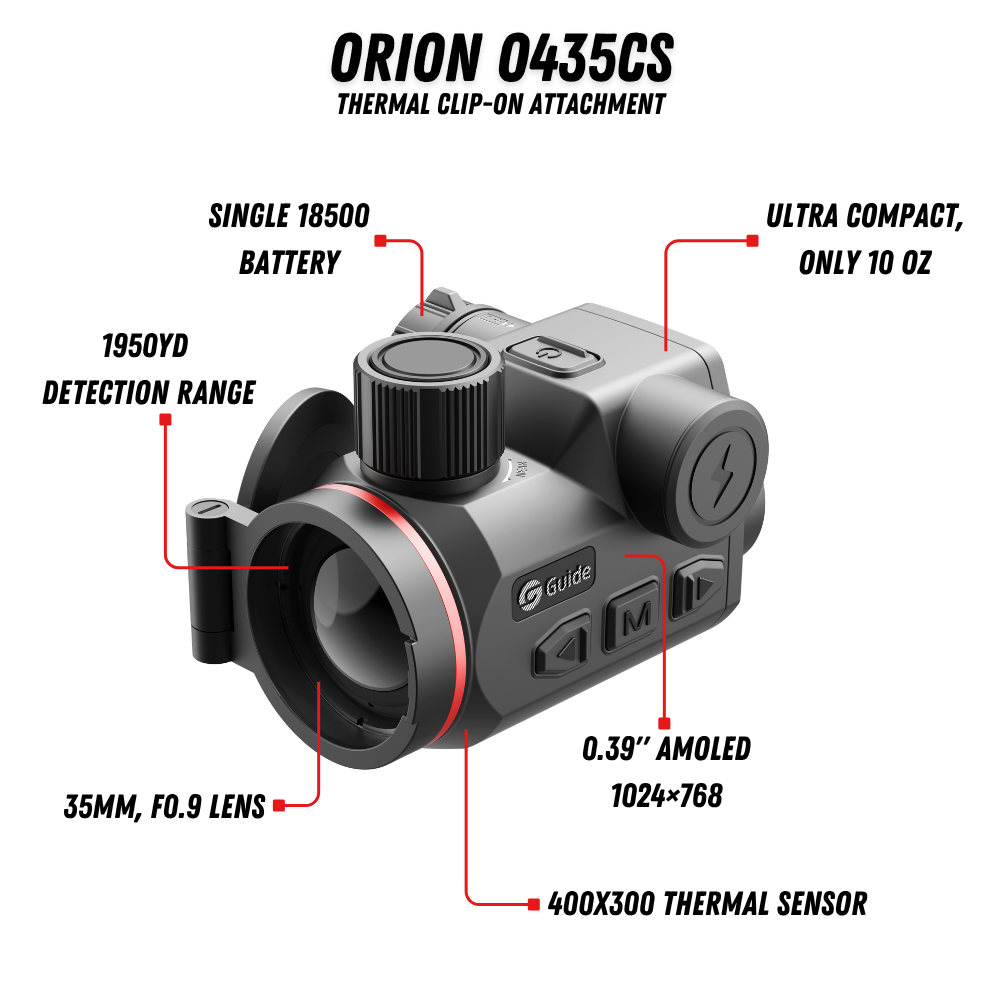 Guide Orion O435CS feature callouts: 1950 yard detection range, single 18500 battery, 10 oz weight, 35mm F0.9 lens, 0.39 inch AMOLED 1024x768 display, 400x300 thermal sensor