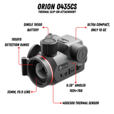 Guide Orion O435CS feature callouts: 1950 yard detection range, single 18500 battery, 10 oz weight, 35mm F0.9 lens, 0.39 inch AMOLED 1024x768 display, 400x300 thermal sensor