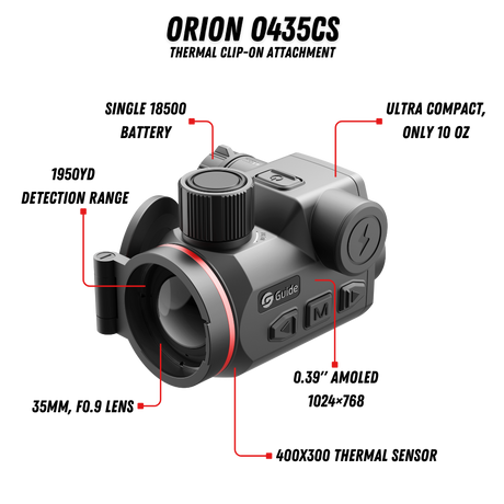 Guide Orion O435CS feature callouts: 1950 yard detection range, single 18500 battery, 10 oz weight, 35mm F0.9 lens, 0.39 inch AMOLED 1024x768 display, 400x300 thermal sensor