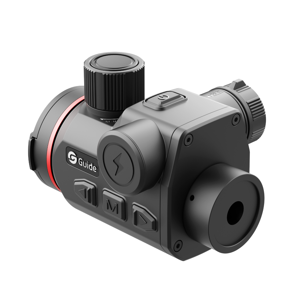 Guide Orion O635CS thermal clip-on three-quarter rear view showing the directional control buttons, mode button, and Guide branding