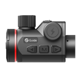 Guide Orion O635CS thermal clip-on right side profile showing the mode and directional buttons, focus knob, and weatherproof charging cap