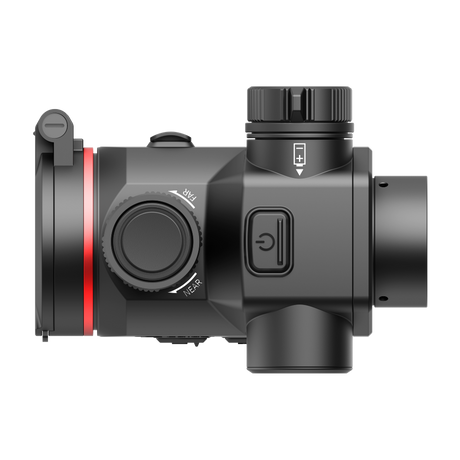Guide Orion O635CS thermal clip-on left side profile showing the FAR/NEAR focus dial, power button, and hinged lens cap