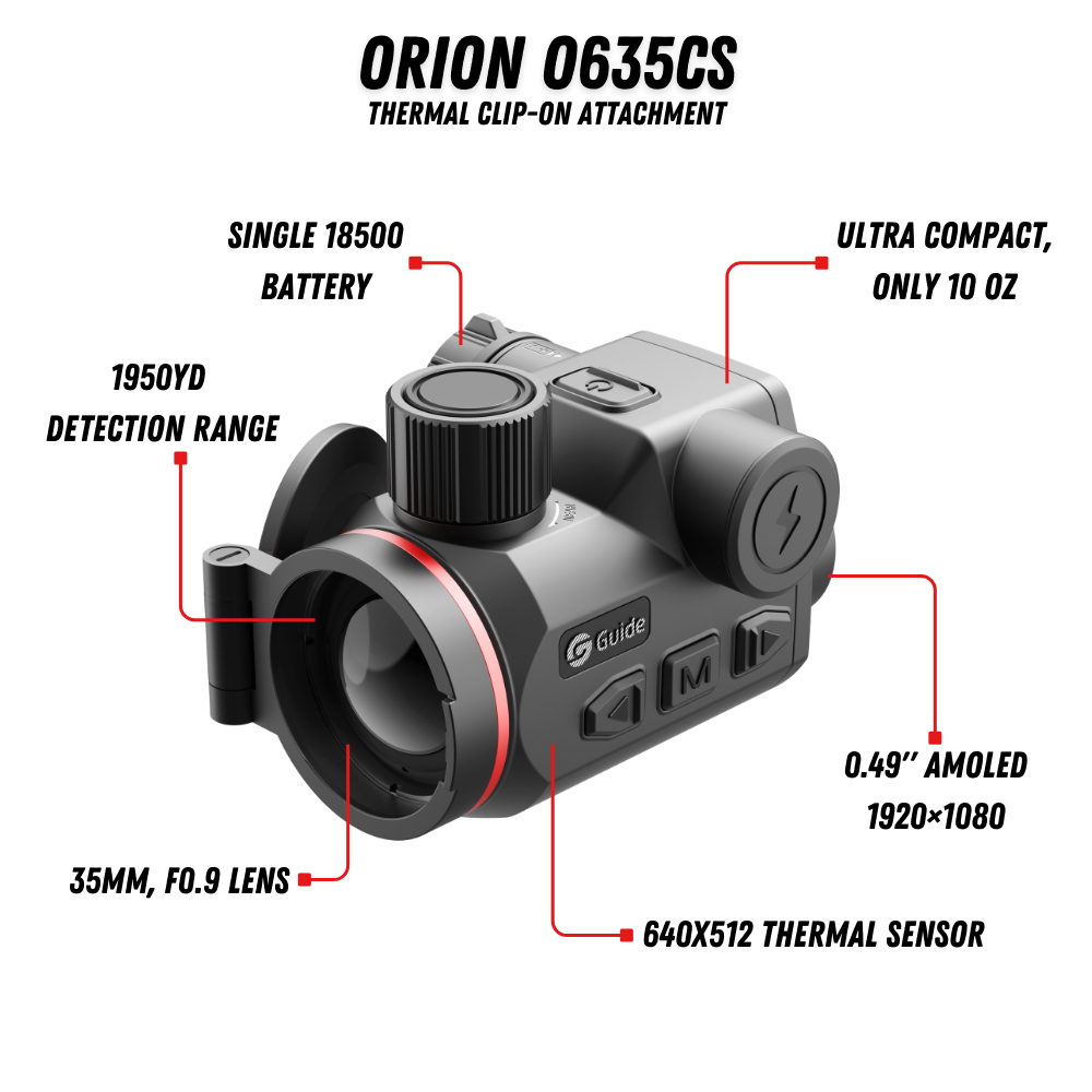 Guide Orion O635CS feature callouts: 1950 yard detection range, single 18500 battery, 10 oz weight, 35mm F0.9 lens, 0.49 inch AMOLED 1920x1080 display, 640x512 thermal sensor