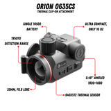 Guide Orion O635CS feature callouts: 1950 yard detection range, single 18500 battery, 10 oz weight, 35mm F0.9 lens, 0.49 inch AMOLED 1920x1080 display, 640x512 thermal sensor