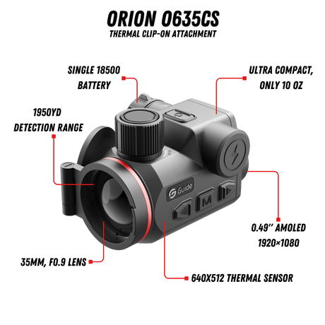 Guide Orion O635CS feature callouts: 1950 yard detection range, single 18500 battery, 10 oz weight, 35mm F0.9 lens, 0.49 inch AMOLED 1920x1080 display, 640x512 thermal sensor