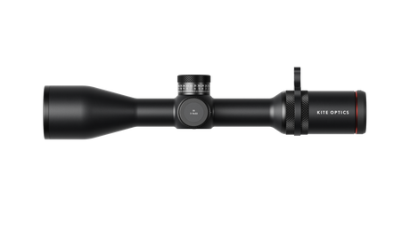 Kite Optics B6 LR 3-18x50 riflescope side profile showing ballistic turret, side parallax, and zoom throw lever
