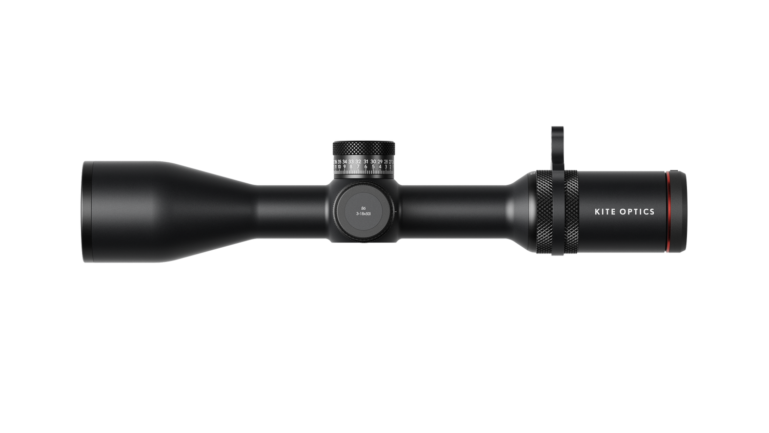 Kite Optics B6 LR 3-18x50 riflescope side profile showing ballistic turret, side parallax, and zoom throw lever