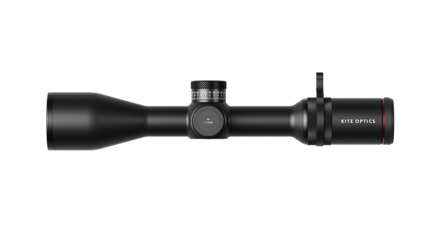 Kite Optics B6 LR 3-18x50 riflescope side profile showing ballistic turret, side parallax, and zoom throw lever