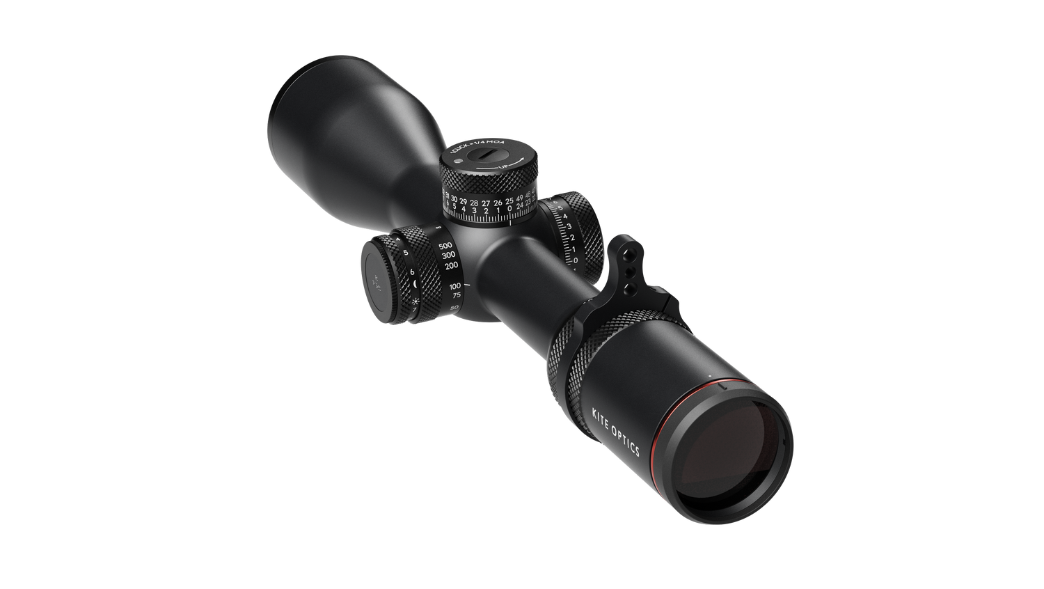 Kite Optics B6 LR 3-18x50 rear angle showing Kite Optics branding, illumination ring, and 50mm objective