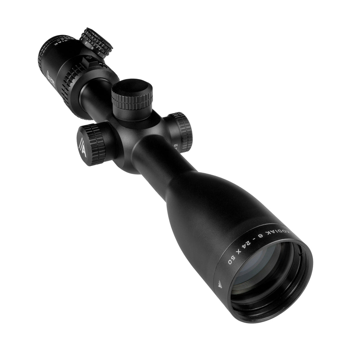 Alpen Kodiak 6-24x50 FFP riflescope three-quarter profile view showing the 30mm tube, side parallax turret, and exposed target-style adjustment knobs
