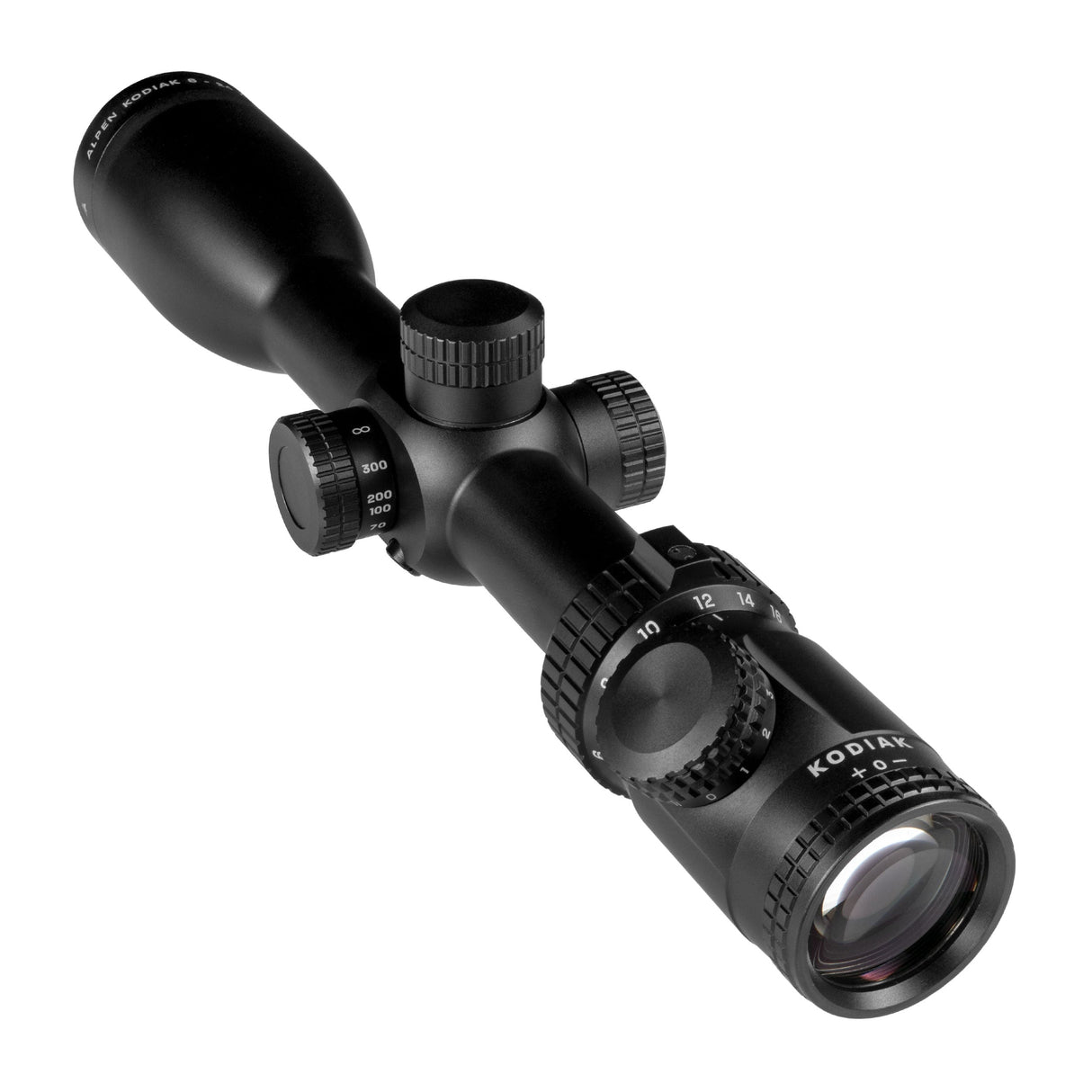 Alpen Kodiak 6-24x50 top-down view of the elevation turret showing 1/8 MOA click graduation