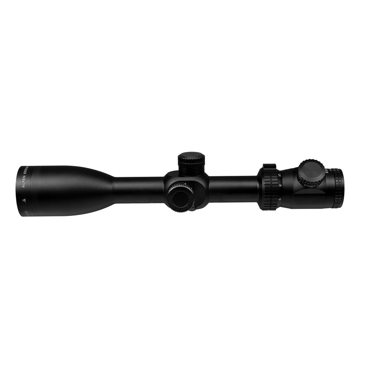 Alpen Kodiak 6-24x50 close-up detail of the side parallax adjustment turret and windage cap