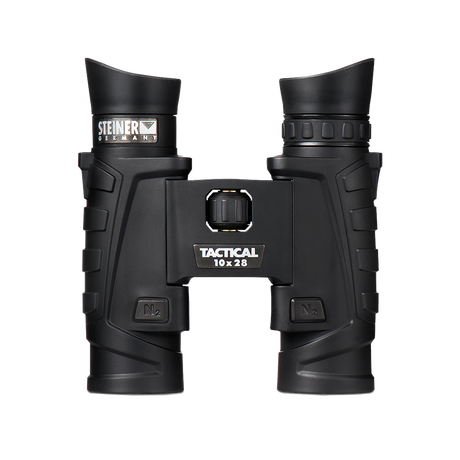 Steiner Tactical T1028 10x28 top-down view showing the central Fast-Close-Focus wheel, ClicLoc strap posts, and nitrogen valves