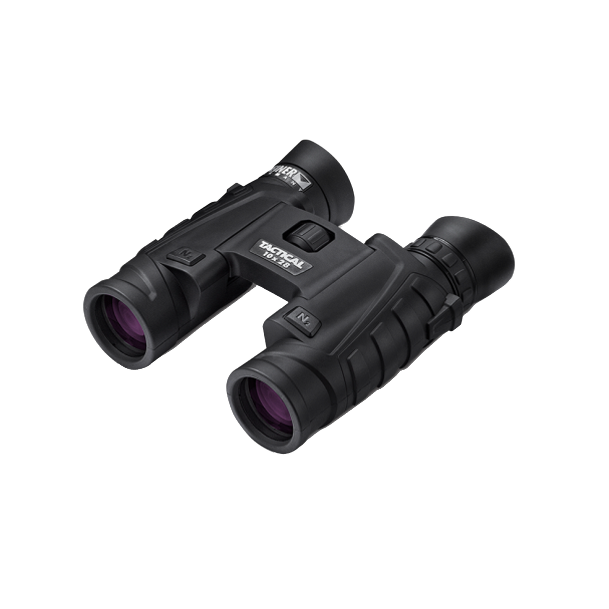 Steiner Tactical T1028 10x28 compact binocular, three-quarter view showing the folding double-hinge body and TACTICAL 10x28 marking