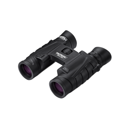 Steiner Tactical T1028 10x28 compact binocular, three-quarter view showing the folding double-hinge body and TACTICAL 10x28 marking