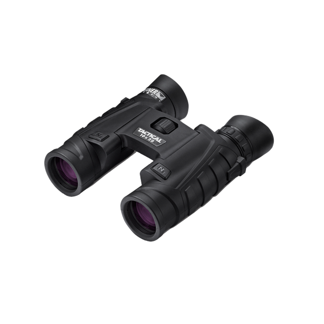 Steiner Tactical T1028 10x28 compact binocular, three-quarter view showing the folding double-hinge body and TACTICAL 10x28 marking