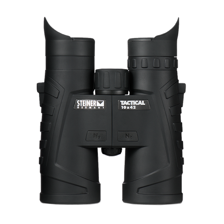 Steiner Tactical T1042 10x42 binocular, front view showing the STEINER TACTICAL 10x42 marking and nitrogen valves