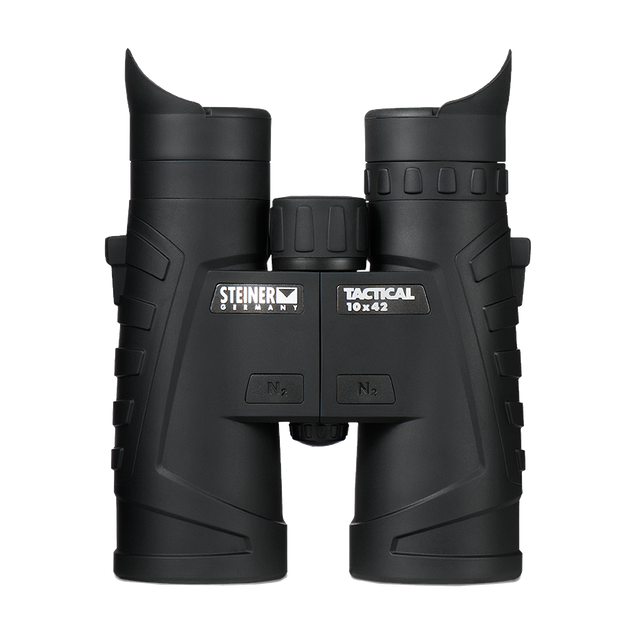 Steiner Tactical T1042 10x42 binocular, front view showing the STEINER TACTICAL 10x42 marking and nitrogen valves
