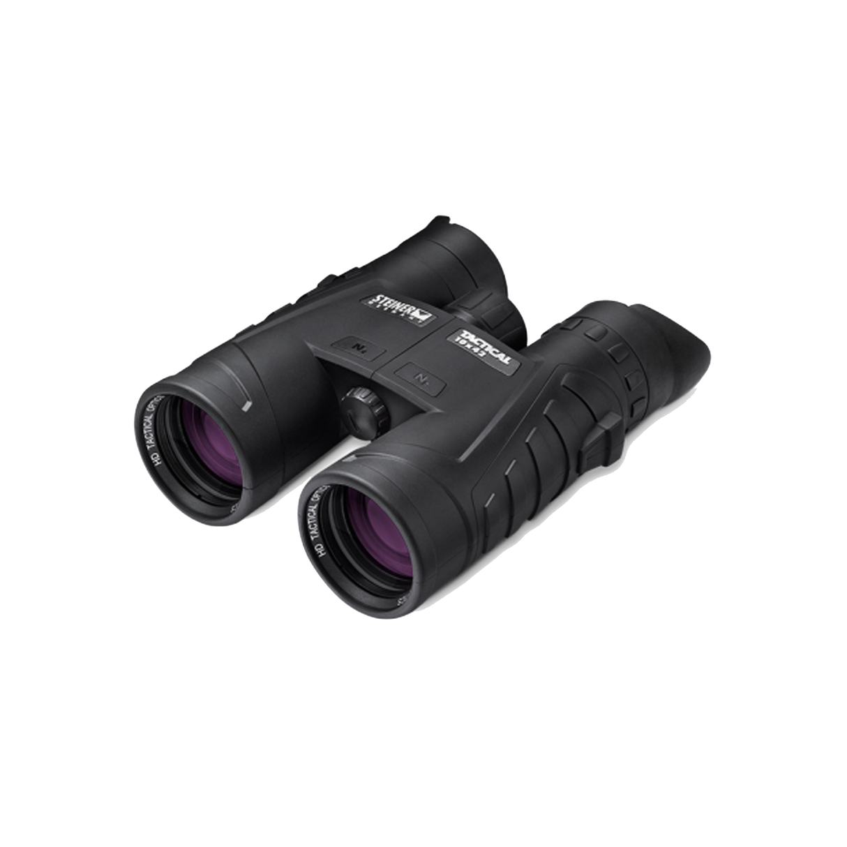 Steiner Tactical T1042 10x42 binocular, angled side view showing the NBR rubber-armored roof-prism body