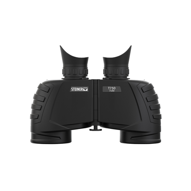 Steiner Tactical T750 7x50 binocular, front view showing the STEINER T750 7x50 marking and porro-style body