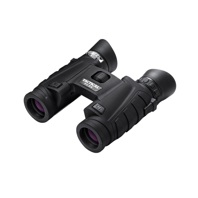Steiner Tactical T824 8x24 compact binocular, three-quarter view showing the folding double-hinge body and TACTICAL 8x24 marking