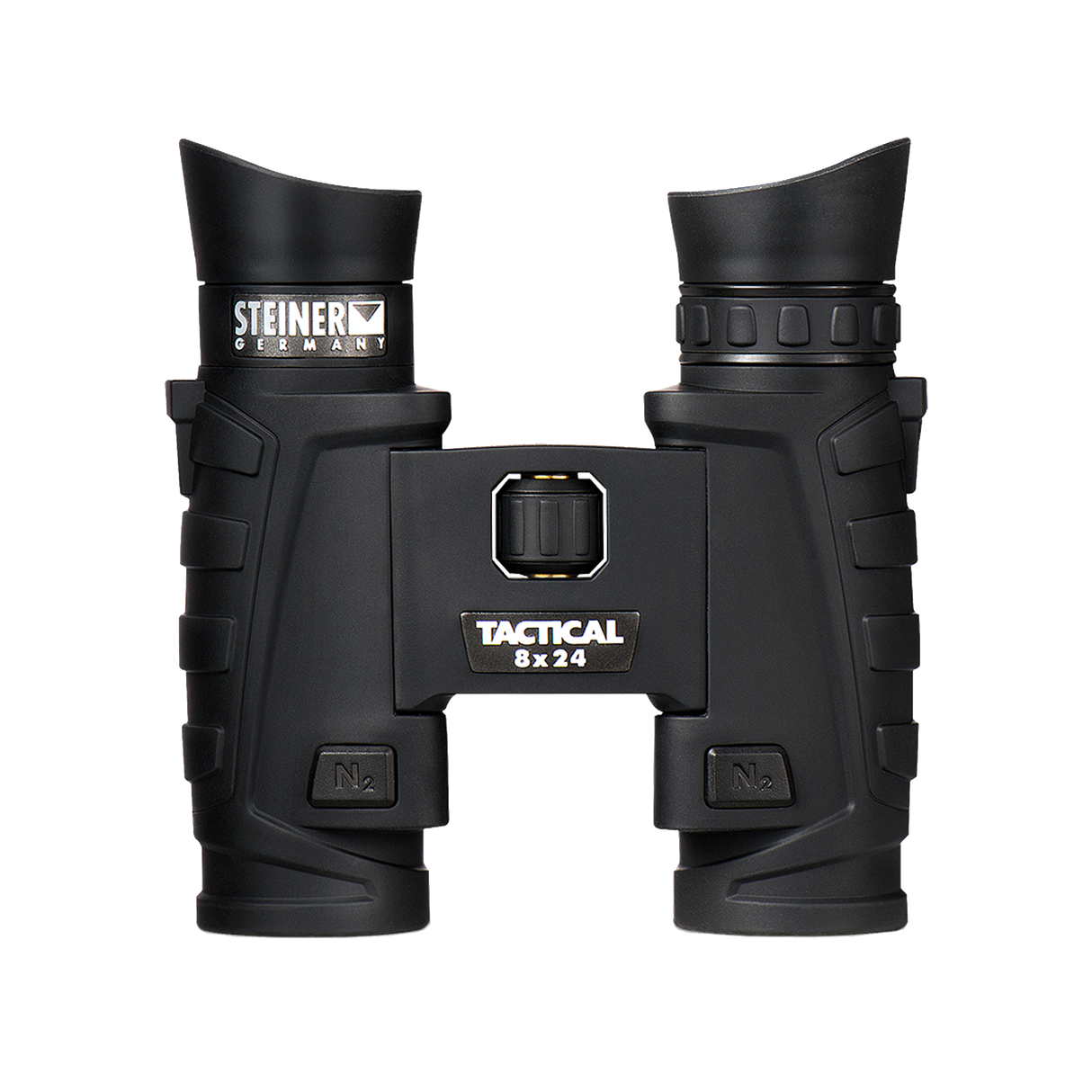 Steiner Tactical T824 8x24 top-down view showing the central Fast-Close-Focus wheel, ClicLoc strap posts, and nitrogen valves