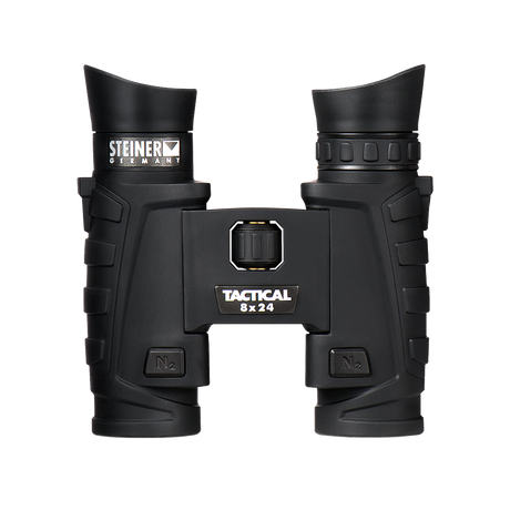 Steiner Tactical T824 8x24 top-down view showing the central Fast-Close-Focus wheel, ClicLoc strap posts, and nitrogen valves