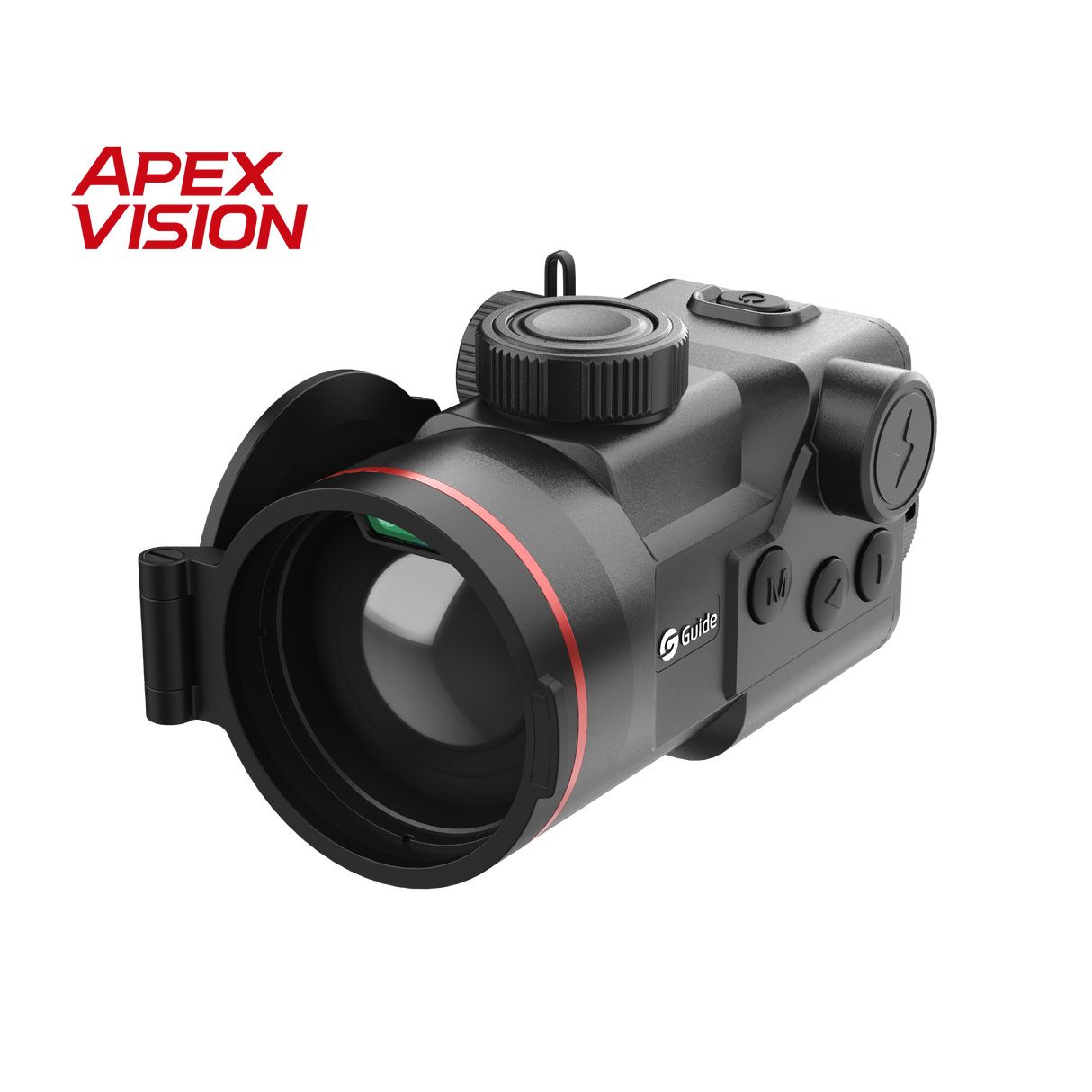 Guide TB1260LS HD thermal clip-on three-quarter view showing the 60mm objective lens, integrated 1,200 meter laser rangefinder window, and magnesium alloy housing