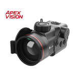 Guide TB1260LS HD thermal clip-on three-quarter view showing the 60mm objective lens, integrated 1,200 meter laser rangefinder window, and magnesium alloy housing