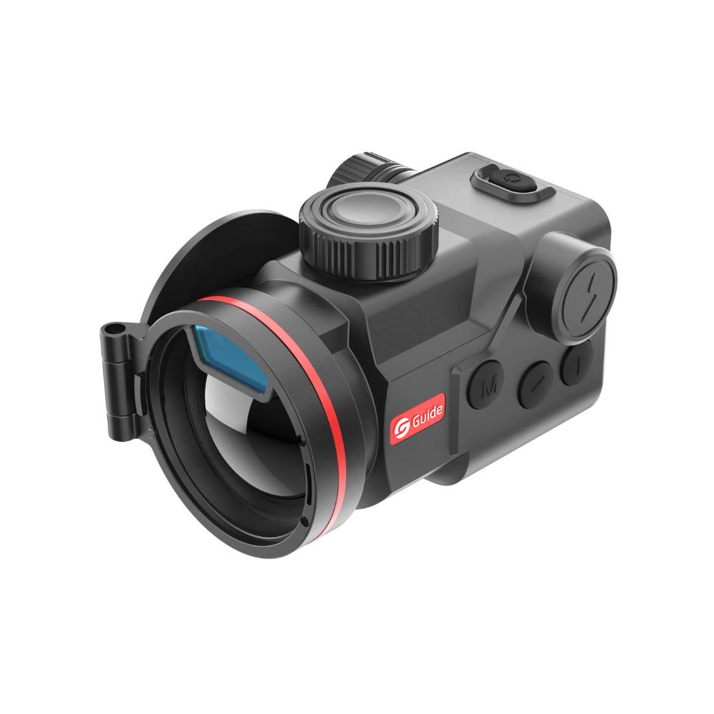 Guide TB650P 2.0 thermal clip-on, three-quarter front view with the lens cap open and the rangefinder inside the objective