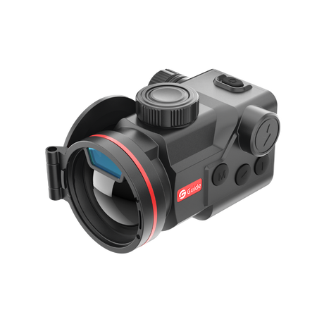 Guide TB650P 2.0 thermal clip-on, three-quarter front view with the lens cap open and the rangefinder inside the objective