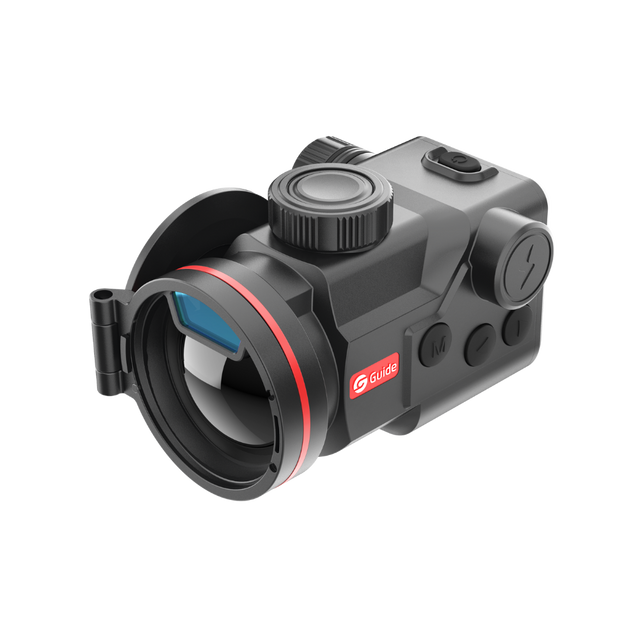 Guide TB650P 2.0 thermal clip-on, three-quarter front view with the lens cap open and the rangefinder inside the objective