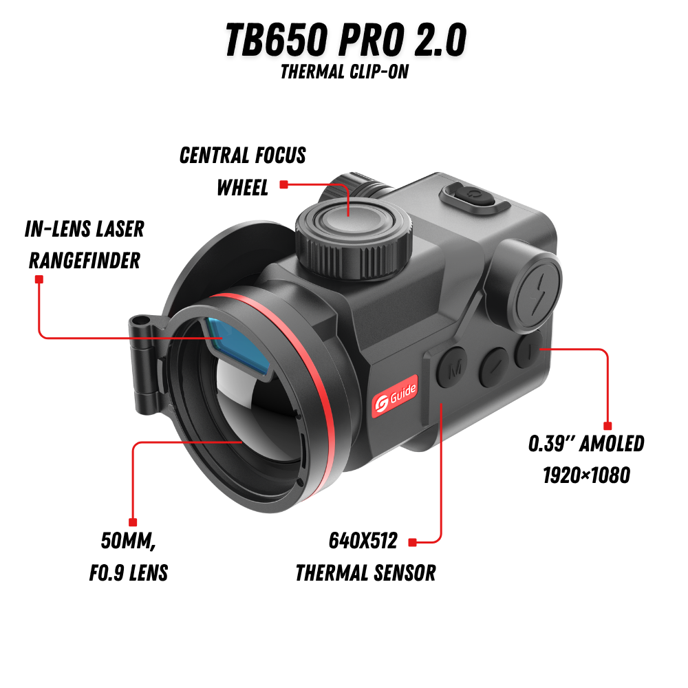 Guide TB650P 2.0 thermal clip-on labelled with its central focus wheel, in-lens laser rangefinder, 50 mm F0.9 lens, 640 x 512 sensor and 0.39-inch 1920 x 1080 AMOLED