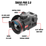 Guide TB650P 2.0 thermal clip-on labelled with its central focus wheel, in-lens laser rangefinder, 50 mm F0.9 lens, 640 x 512 sensor and 0.39-inch 1920 x 1080 AMOLED